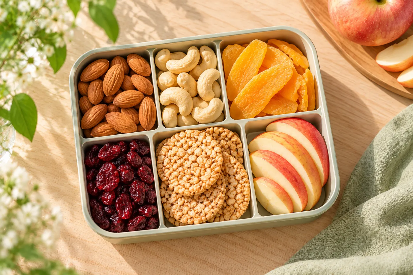 Hộp đồ ăn vặt healthy gồm hạt, xoài sấy, nam việt quất, bánh gạo lứt và táo