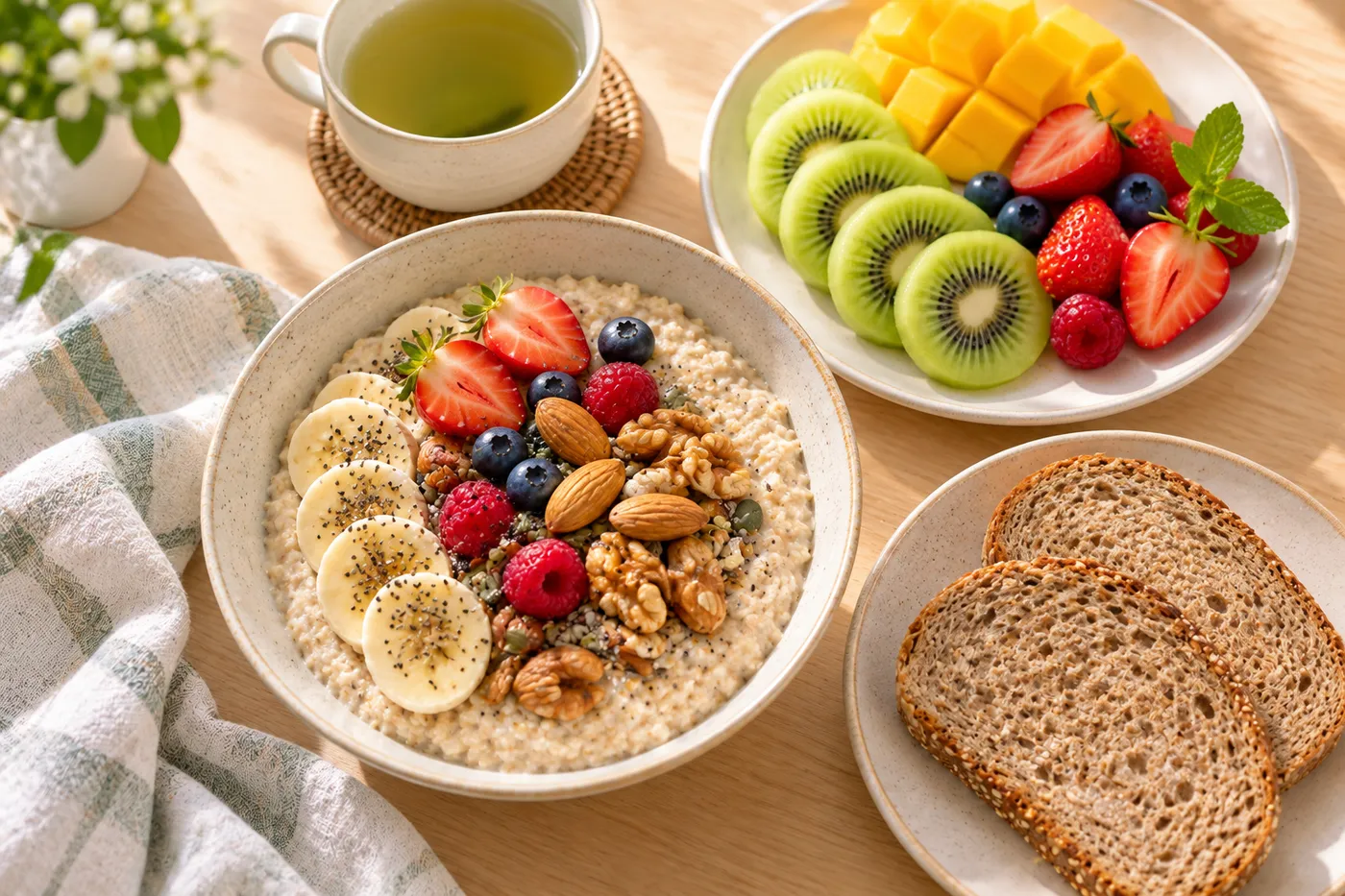 Bữa sáng eat clean với yến mạch, hạt, trái cây, bánh mì nguyên cám và trà xanh