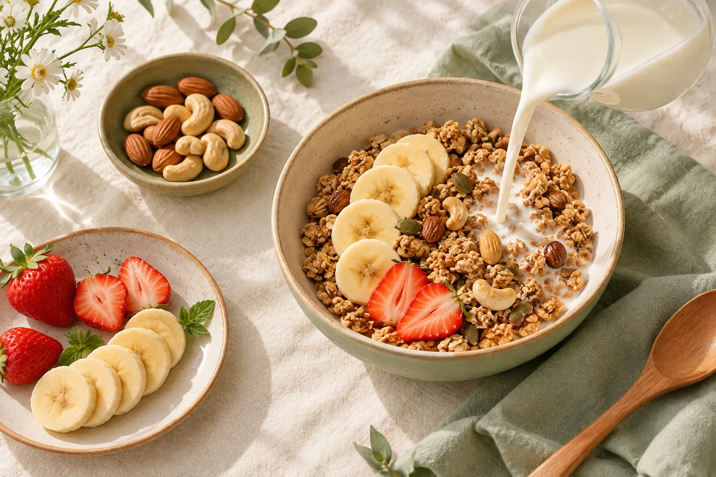 Bát granola hạt dinh dưỡng ăn cùng sữa tươi, chuối và dâu tây