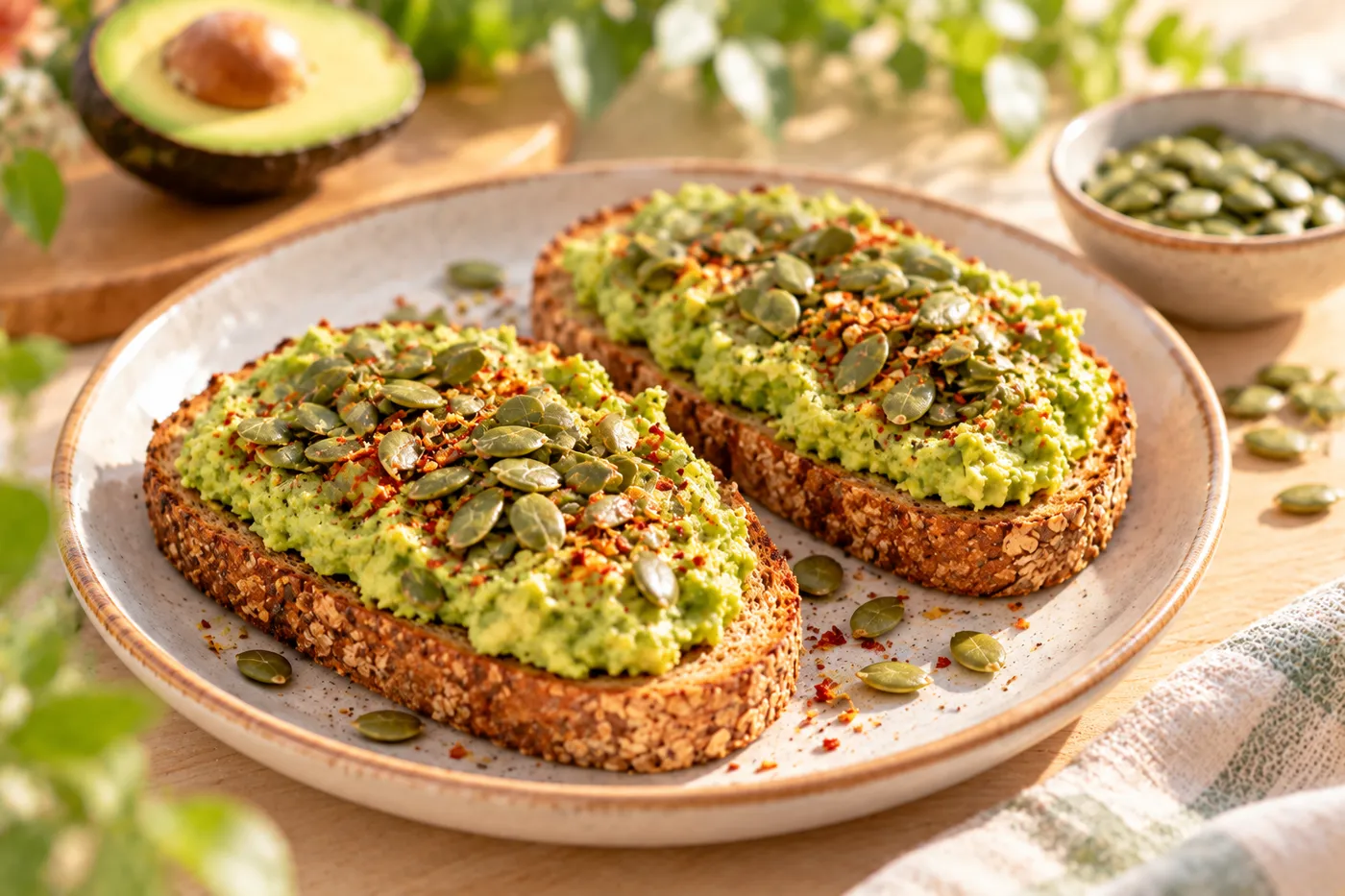 Bánh mì bơ rắc nhân hạt bí xanh trên đĩa