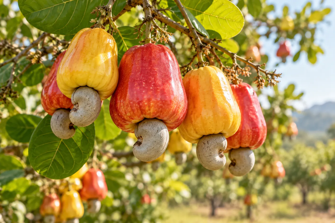 Quả điều chín đỏ vàng với hạt điều trên cành