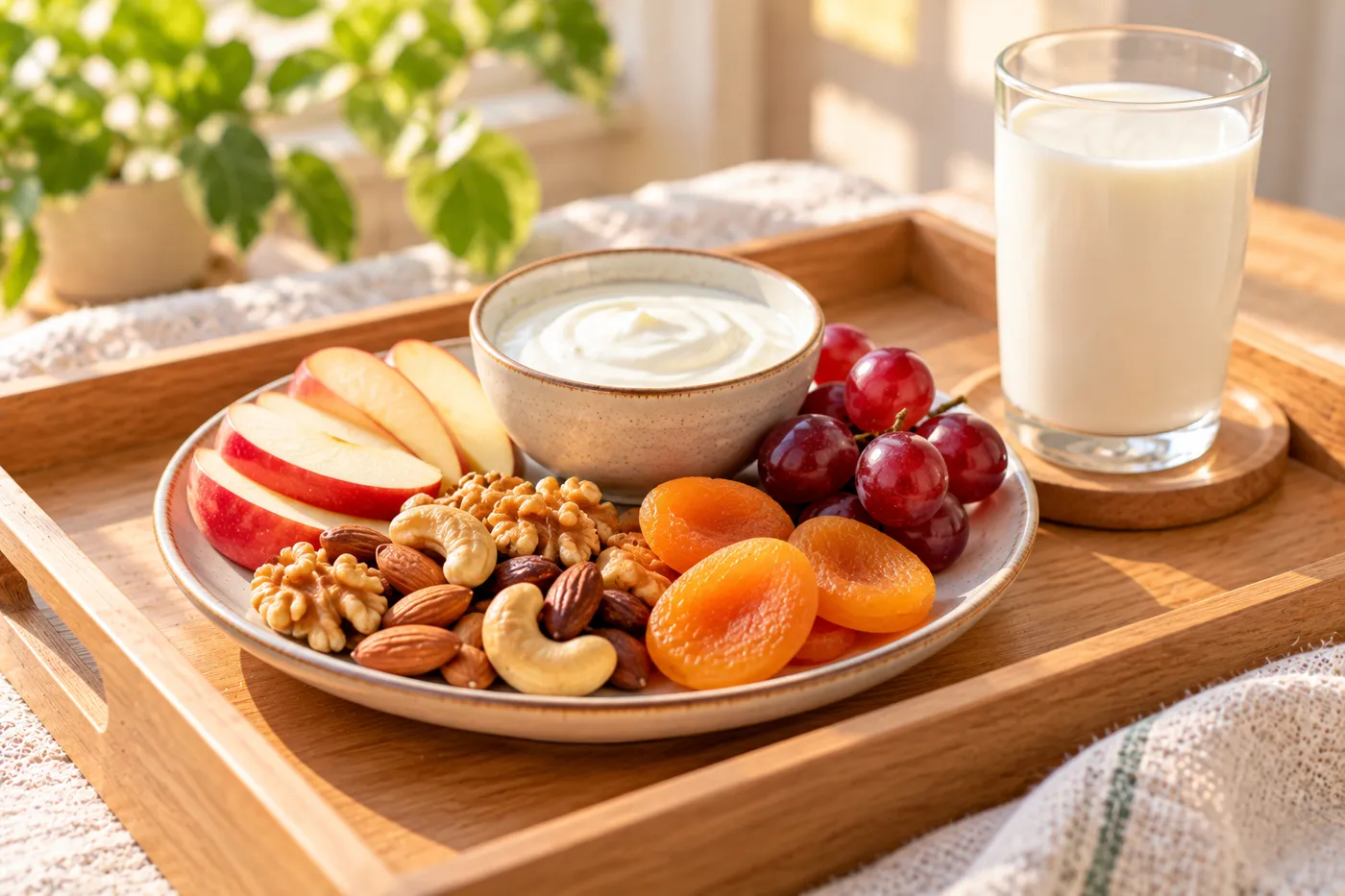 Đĩa bữa phụ cho mẹ bầu gồm hạt dinh dưỡng, mơ sấy, trái cây và sữa chua