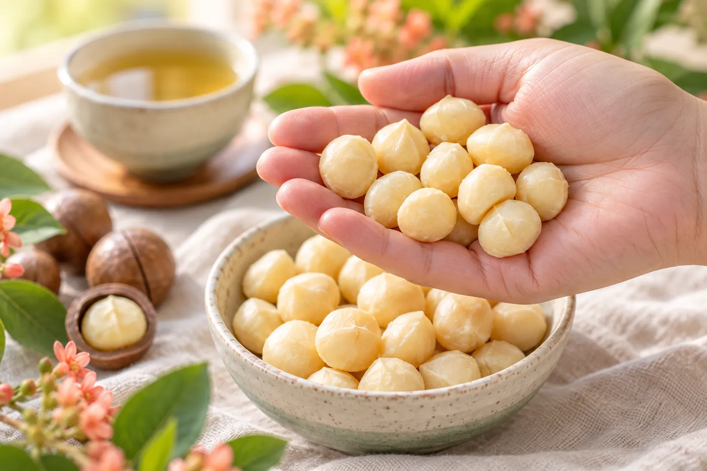 Một nắm khoảng 10 hạt macca nhân trên tay