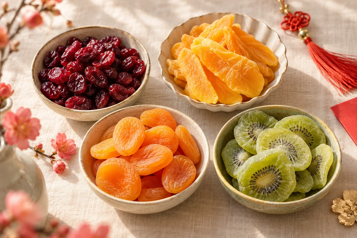 Các bát nhỏ đựng nam việt quất sấy, xoài sấy, mơ sấy và kiwi sấy nhiều màu