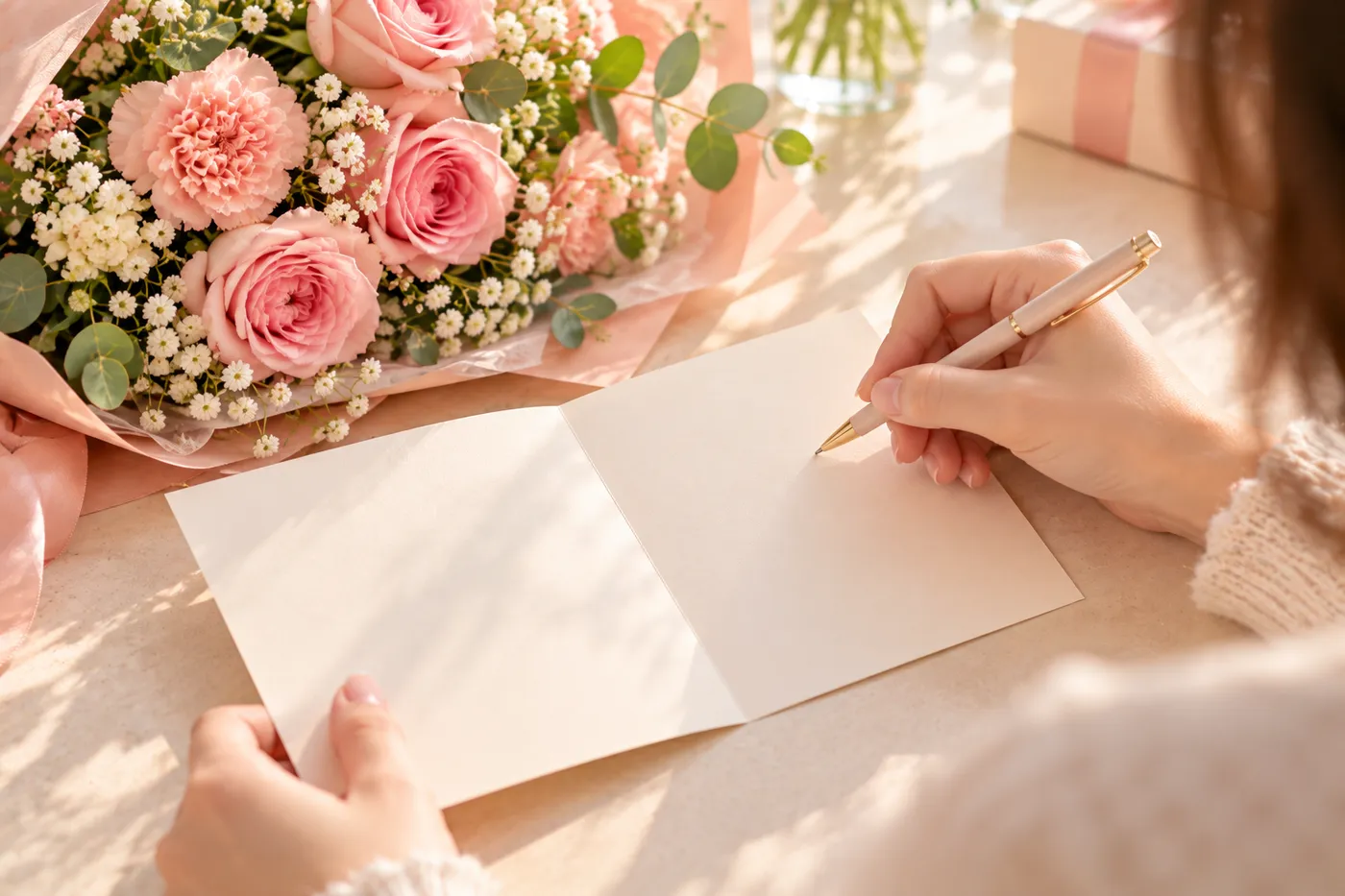 Bàn tay cầm bút chuẩn bị viết thiệp chúc mừng bên bó hoa