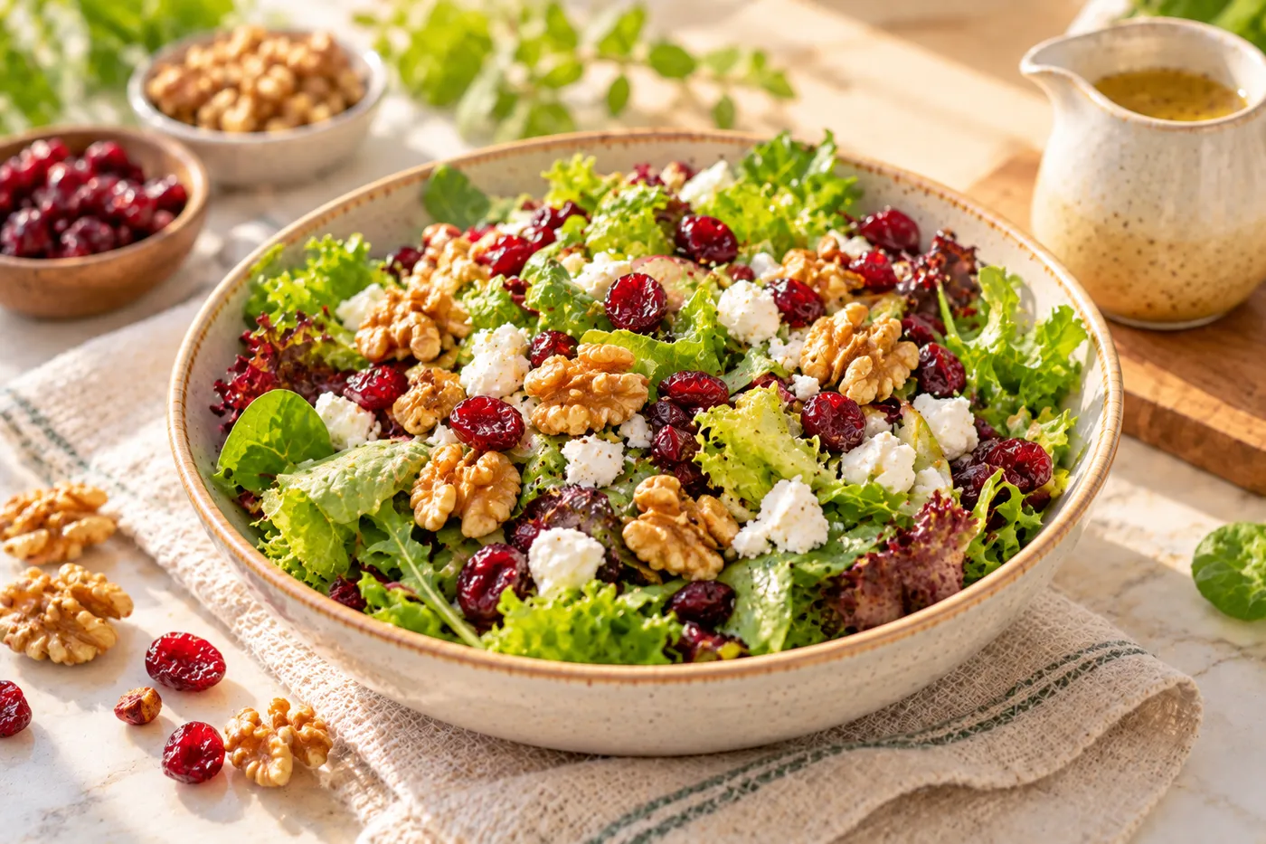 Salad rau xanh với nam việt quất sấy, óc chó và phô mai