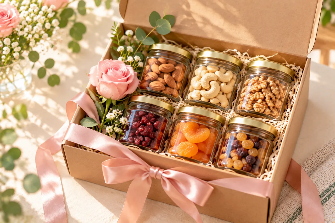 Hộp quà hạt dinh dưỡng và trái cây sấy thắt nơ kèm một bông hoa