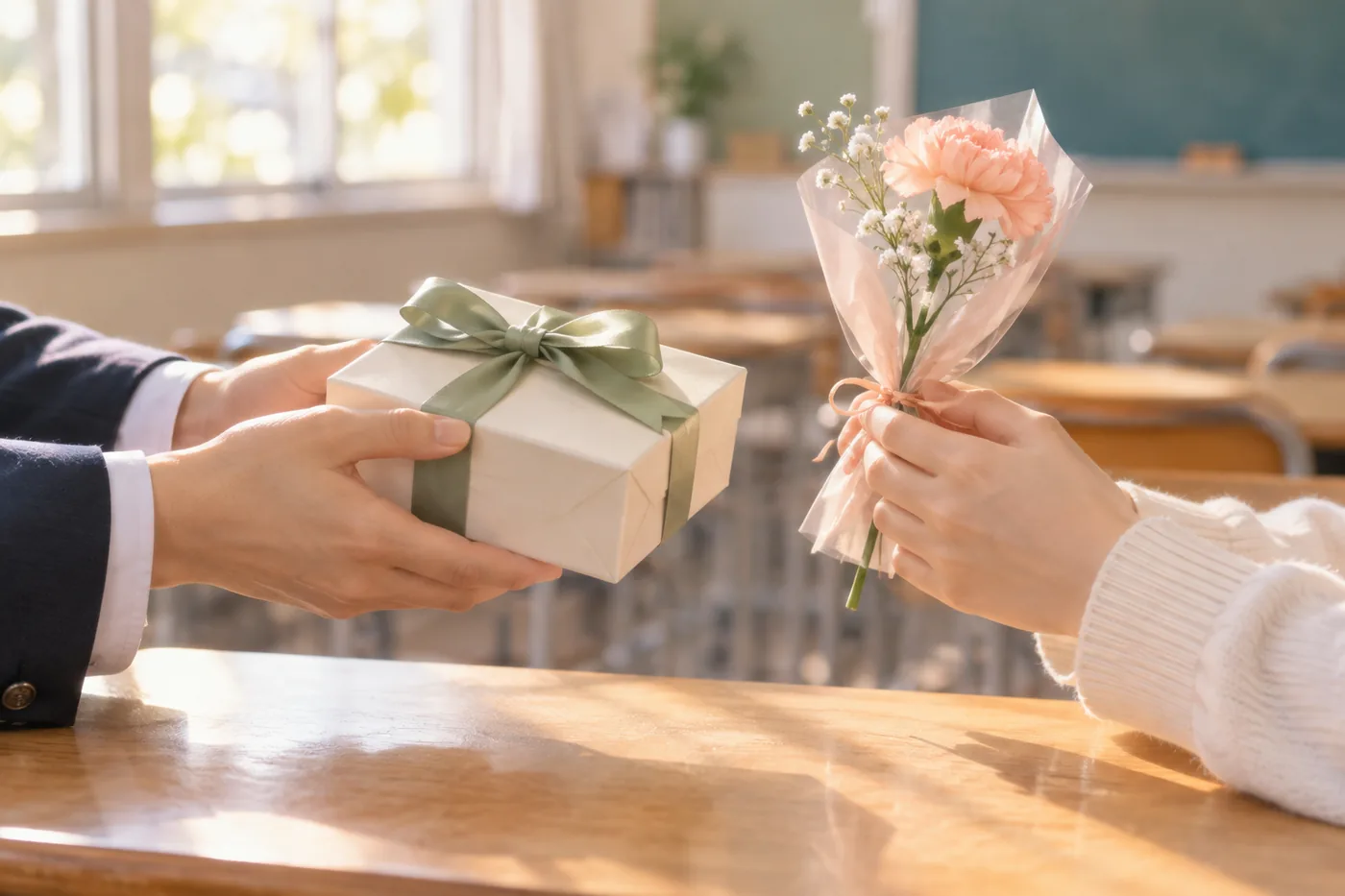 Bàn tay học trò trao hộp quà và một bông hoa cho thầy cô trong lớp học