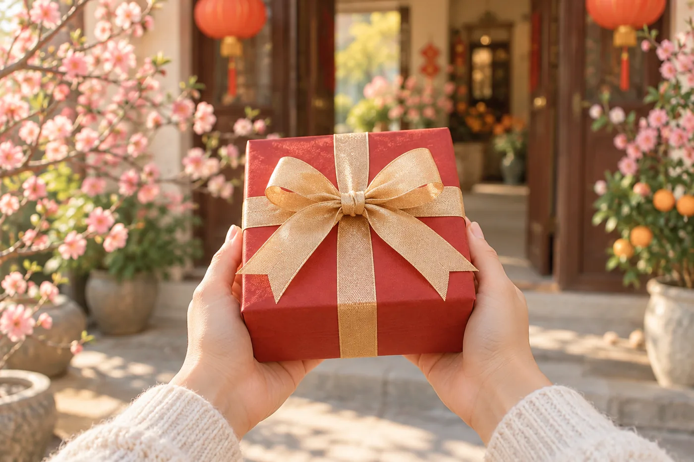 Đôi bàn tay cầm hộp quà Tết màu đỏ thắt nơ vàng trước cánh cửa nhà trang trí hoa đào