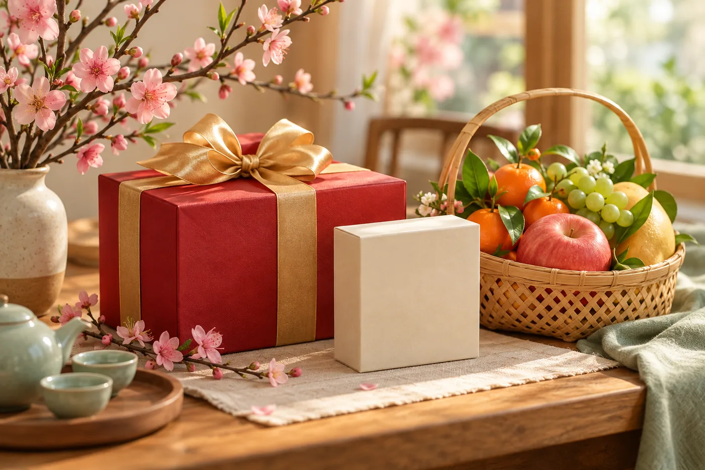 Hộp quà Tết đỏ, giỏ trái cây nhỏ và hộp trà xếp gọn trên bàn gỗ cạnh cành hoa đào