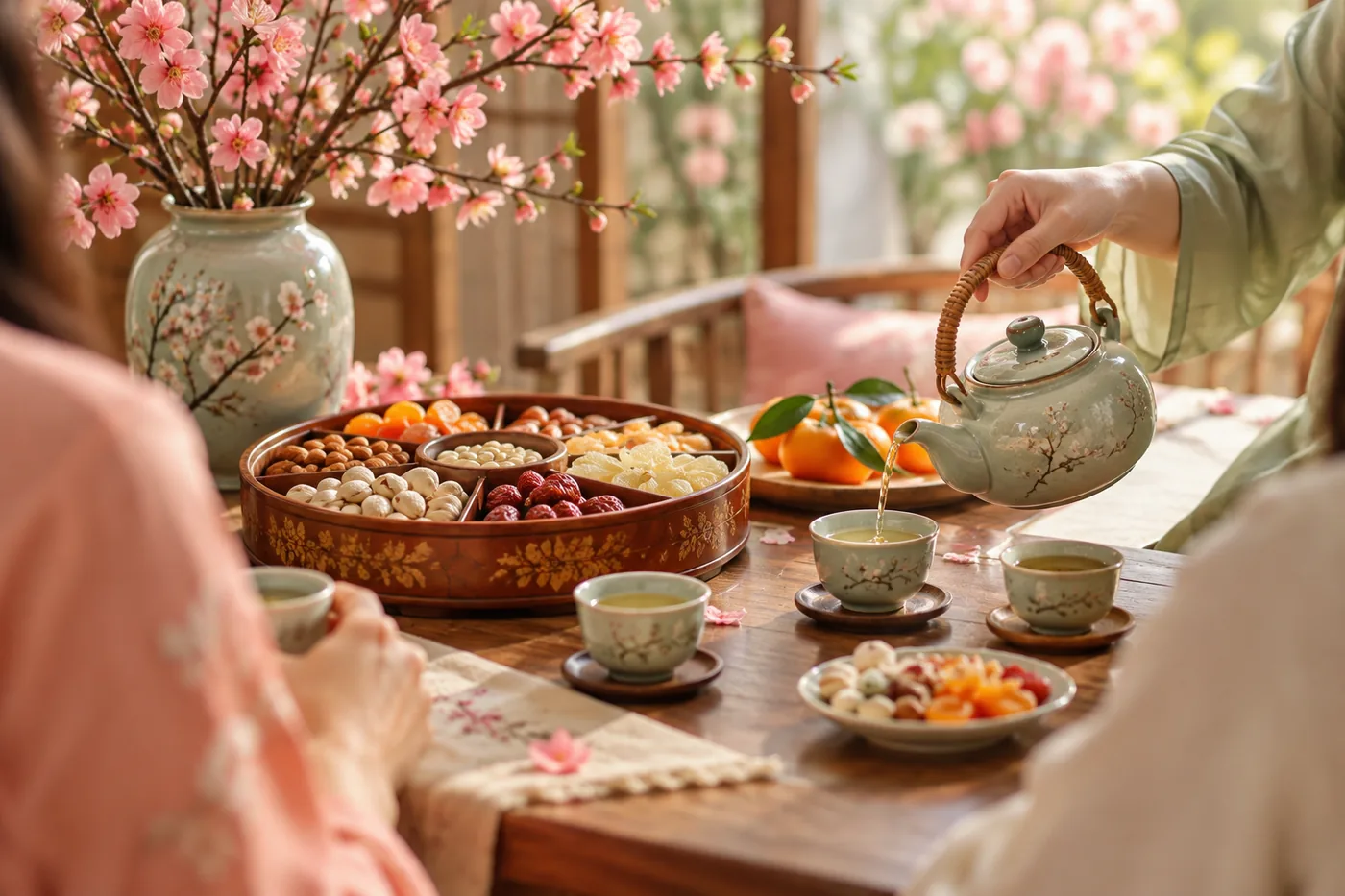 Bàn trà ngày Tết với khay mứt, hạt và tách trà, bàn tay đang rót trà mời khách