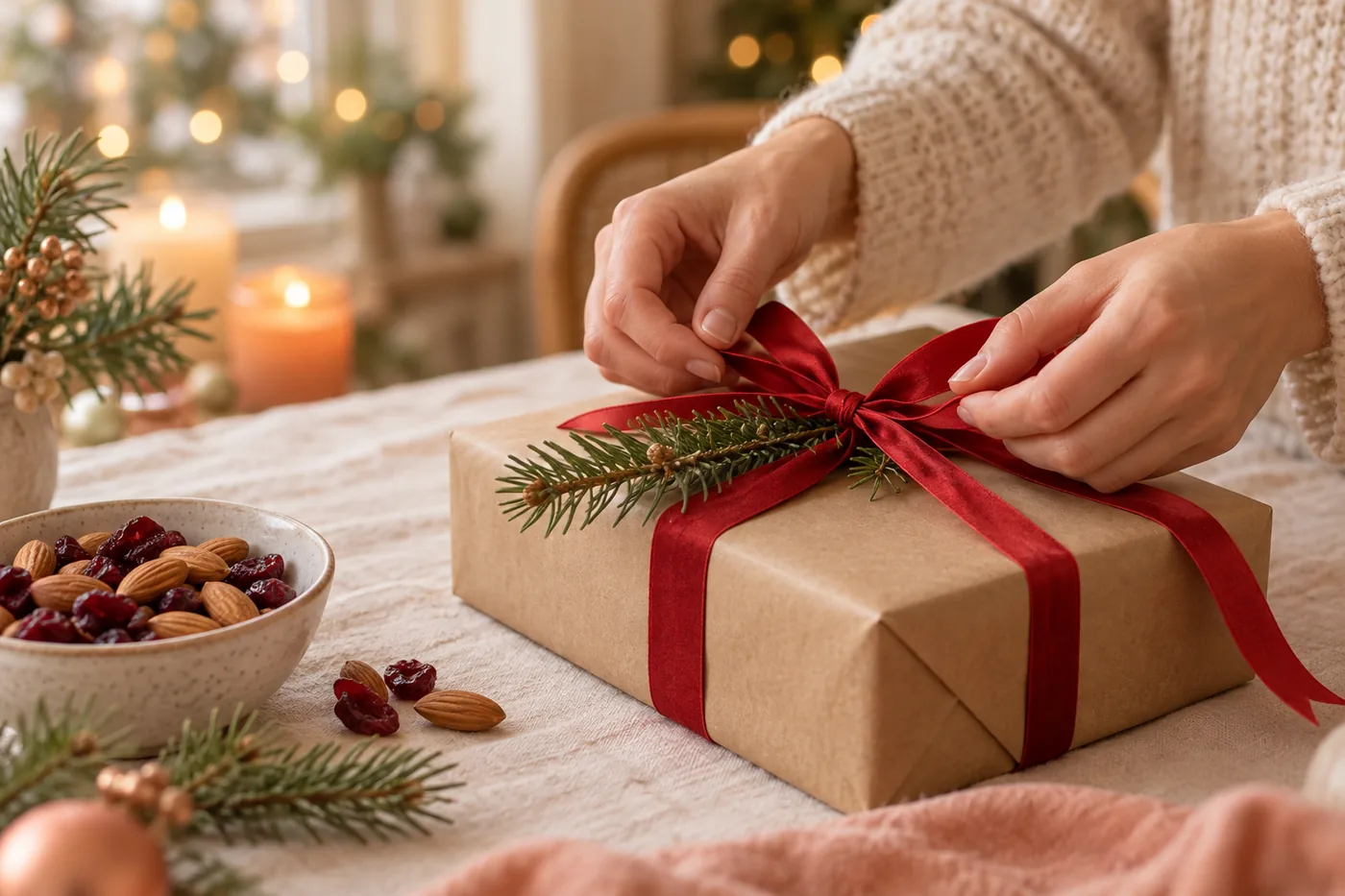 Đôi tay thắt ruy băng đỏ cho hộp quà gói giấy kraft bên nhành thông và bát nam việt quất, hạnh nhân