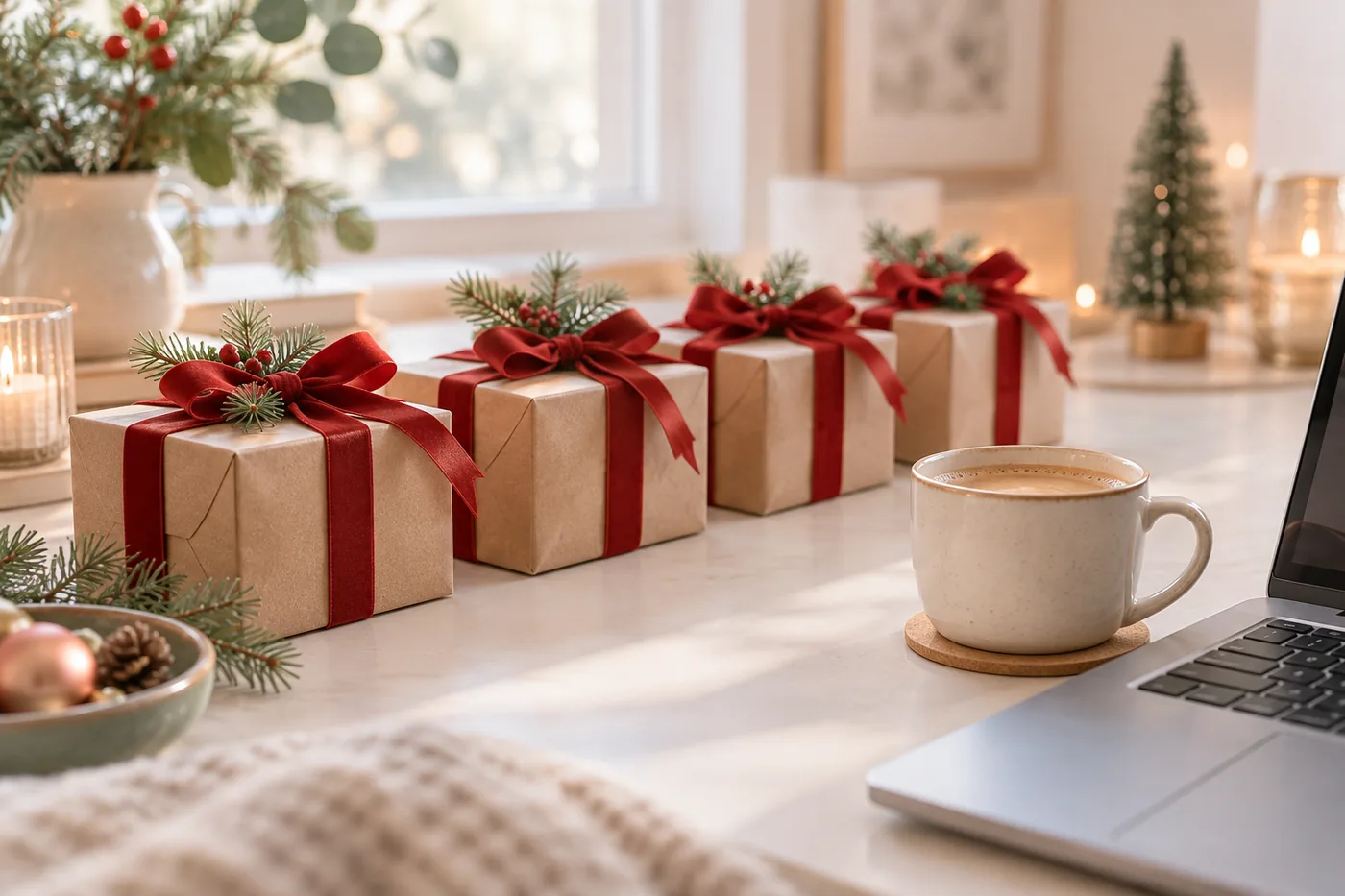 Những hộp quà nhỏ gói giấy kraft thắt ruy băng đỏ xếp trên bàn làm việc để tặng đồng nghiệp dịp Giáng sinh