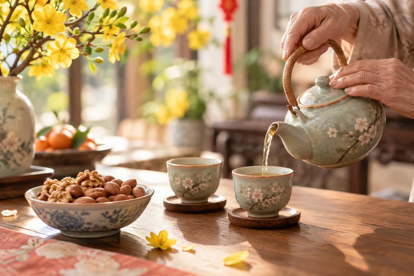 Bát óc chó và hạnh nhân đặt cạnh ấm trà trên bàn phòng khách trang trí mai vàng ngày Tết