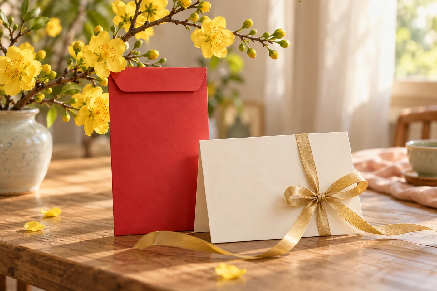 Phong bao lì xì đỏ và tấm thiệp chúc Tết đặt cạnh cành mai vàng trên bàn gỗ